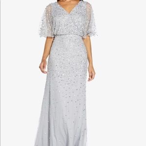 Adrianna Papell beaded flutter sleeve gown in silver mist, only worn once